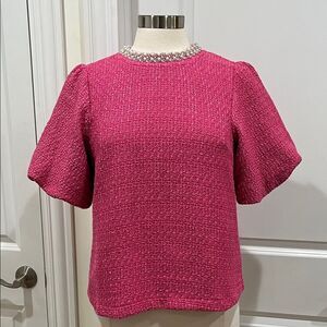 New! Voy Faux Pearl Trim Neck Bubble Sleeve Tweed Top --PRETTY in PINK Size S